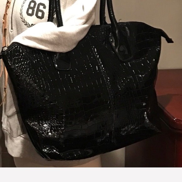 Handbags - Black Faux Croc Patent Tote